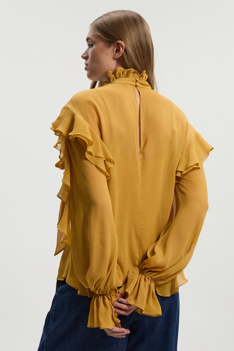 Georgette Ruffle Woven Pussybow Blouse, Alternate, color, Ochre