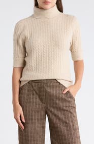 Democracy Cable Knit Elbow Sleeve Turtleneck Sweater