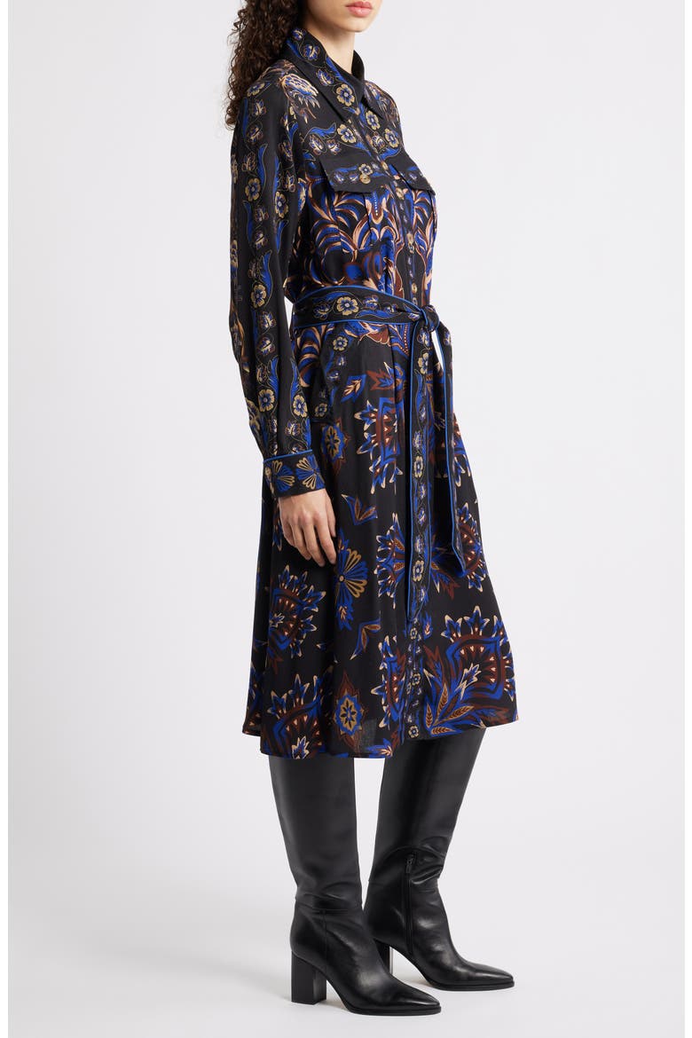 Arabesque Mix Scarves Long Sleeve Tie Belt Shirtdress, Alternate, color, BLACK