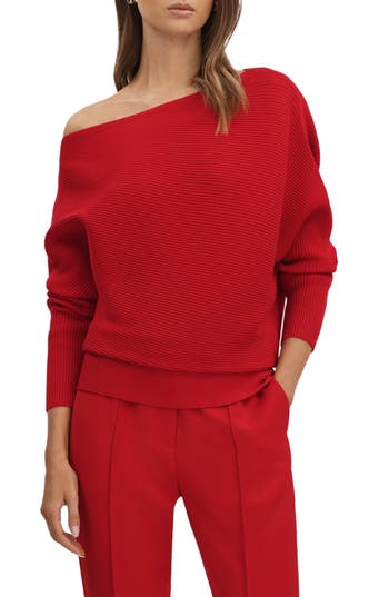 Reiss Lorna Ottoman Rib Off The Shoulder Top In Red