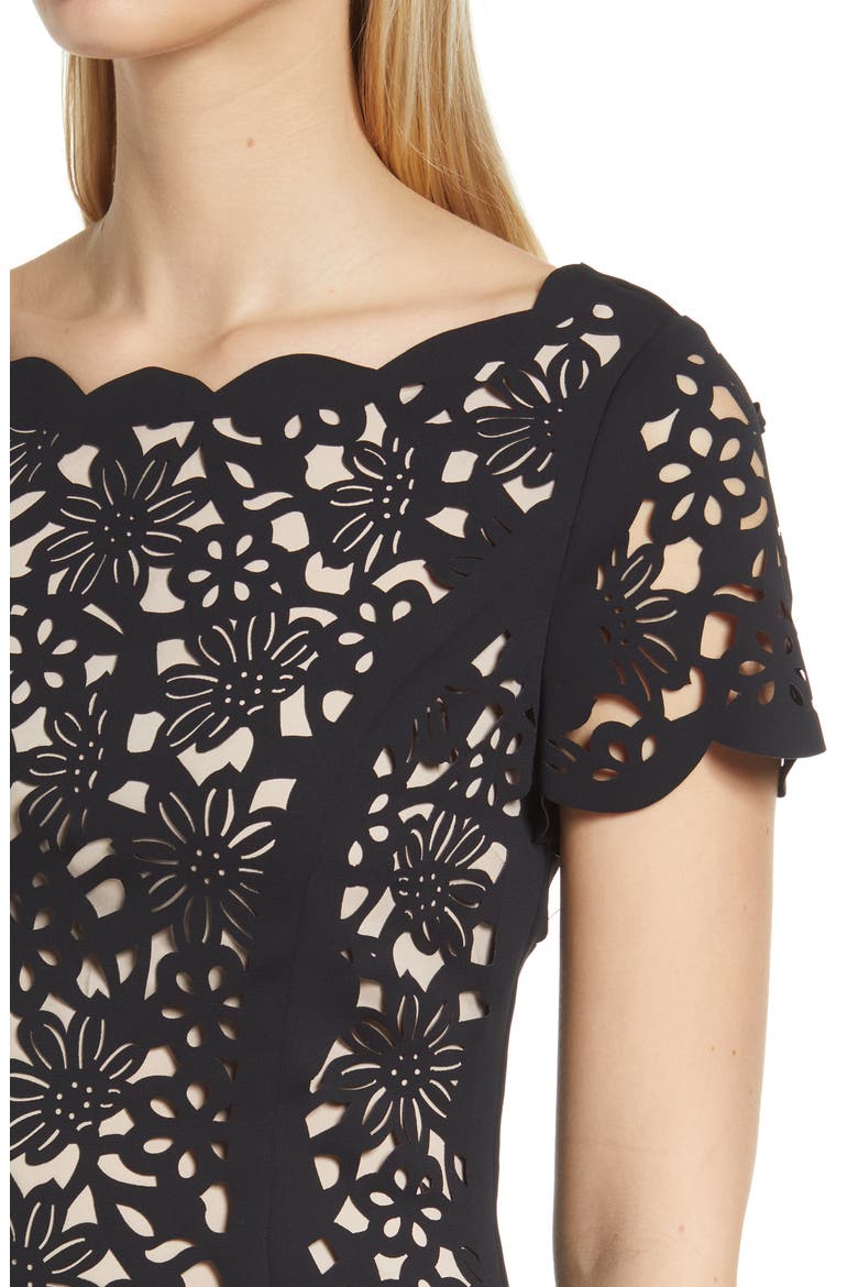 Laser Cut Floral High-Low Cocktail Dress, Alternate, color, BLACK/ NUDE