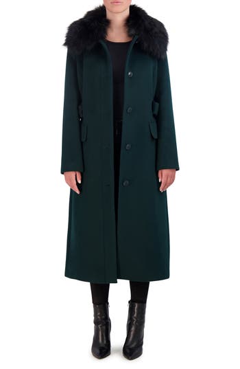 Cole Haan Signature Belted Faux Fur Collar Wool Blend Coat In Forest
