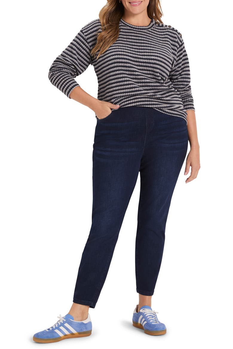 Texture Stripe Button Shoulder Top, Alternate, color, INDIGO MULTI