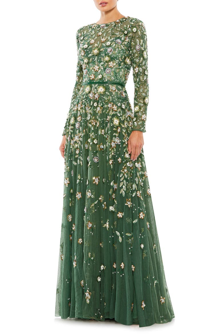 Women's Embellished High Neck Long Sleeve A Line Gown, Main, color, SAGE