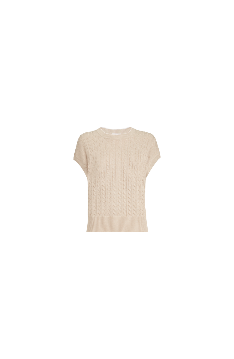 Brunello Cucinelli Sparkling cotton cable knit sweater, Alternate, color, Sand