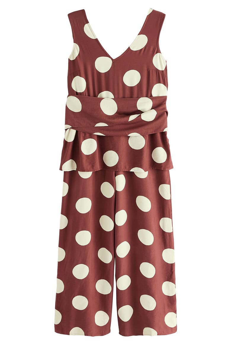 Polka Dot Tie Waist Jumpsuit, Alternate, color, BROWN