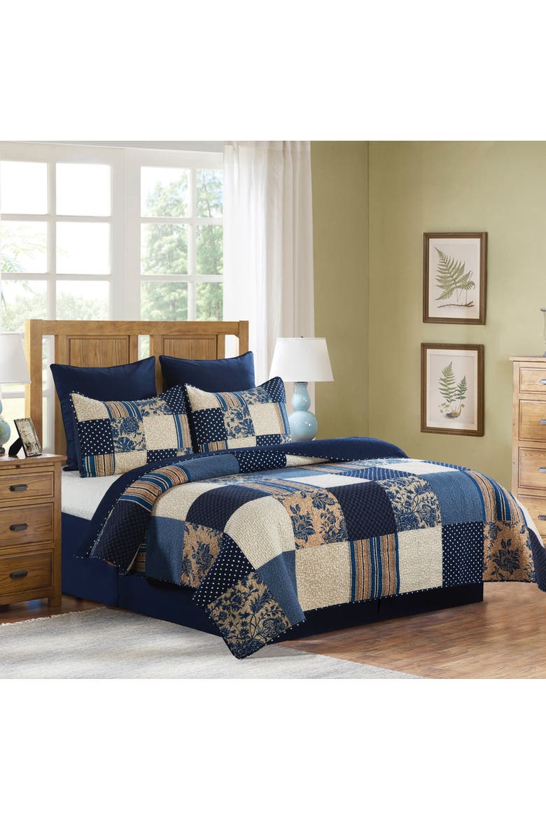 Julia Cotton Patchwork Quilt Set  - Reversible and Machine Washable, Alternate, color, Blue