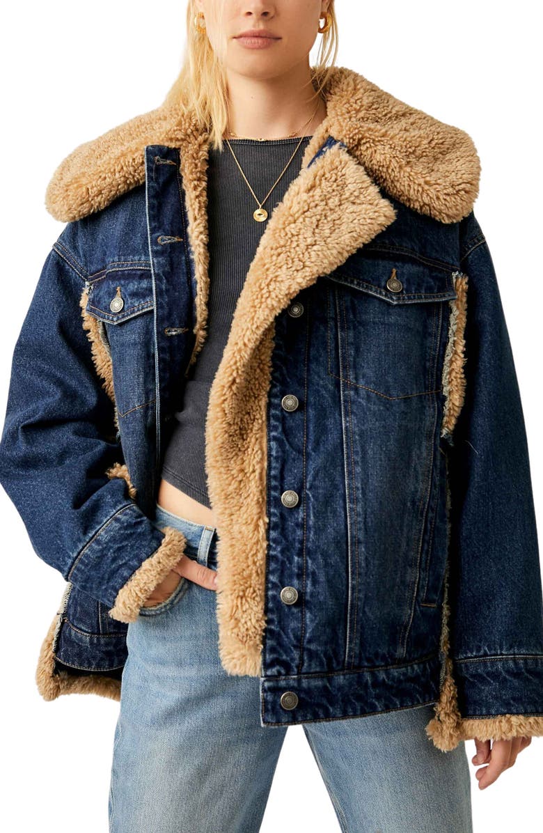 Free People Holly Oversize Denim Jacket with Faux Fur Trim, Main, color,