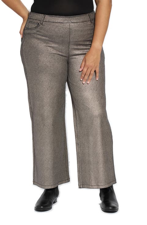 Metallic Coated Pull-On High Waist Wide Leg Jeans