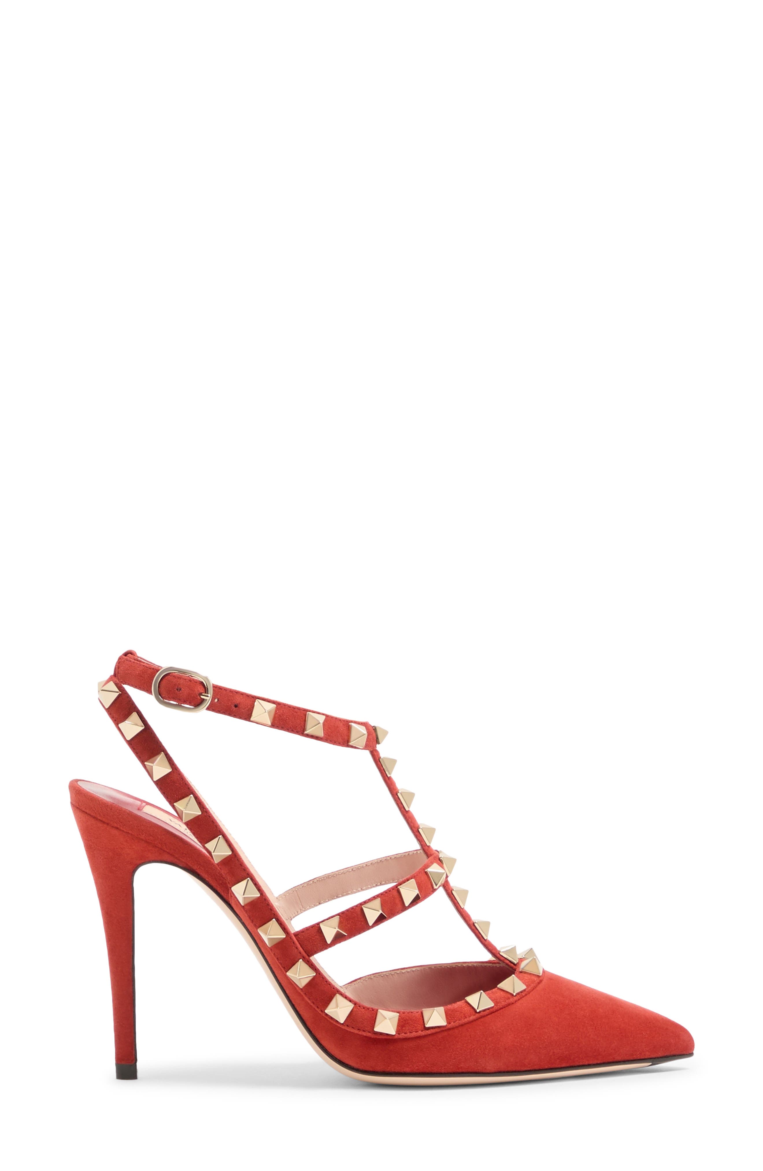 Rockstud Pointed Toe Ankle Strap Pump, Alternate, color, RED