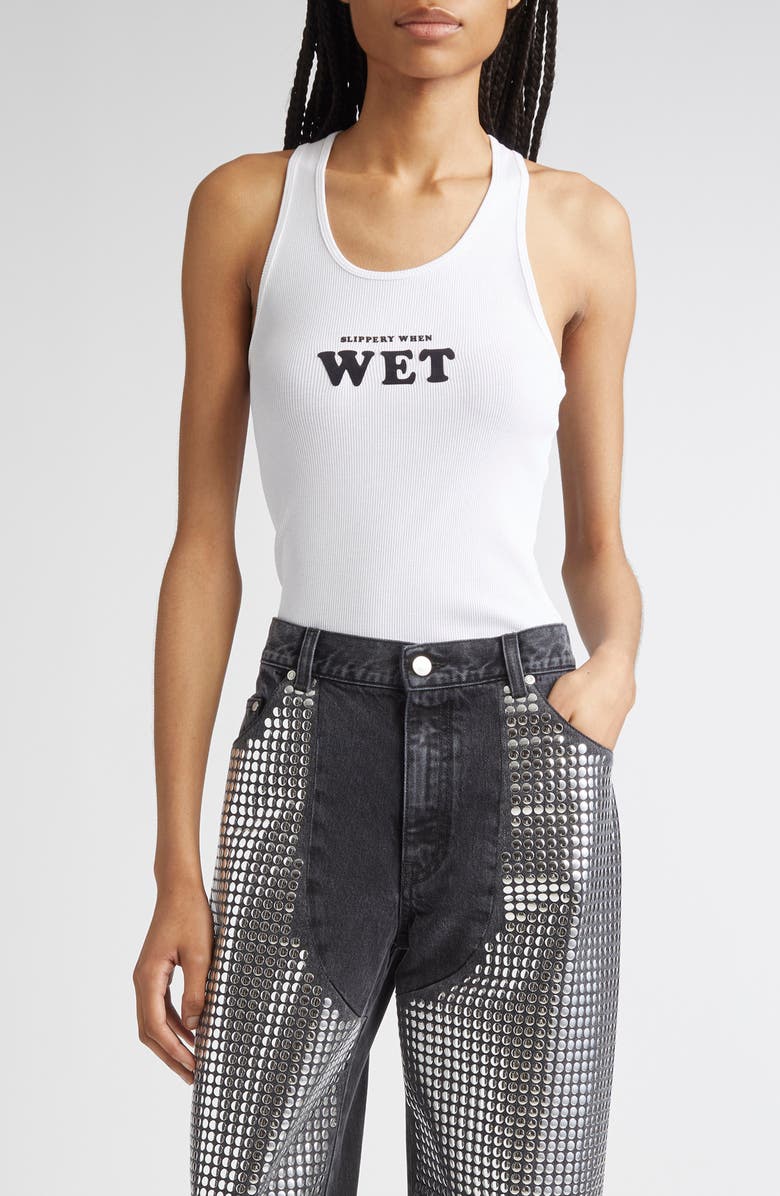 Stella McCartney Slippery When Wet Flocked Rib Tank, Main, color, Pure White