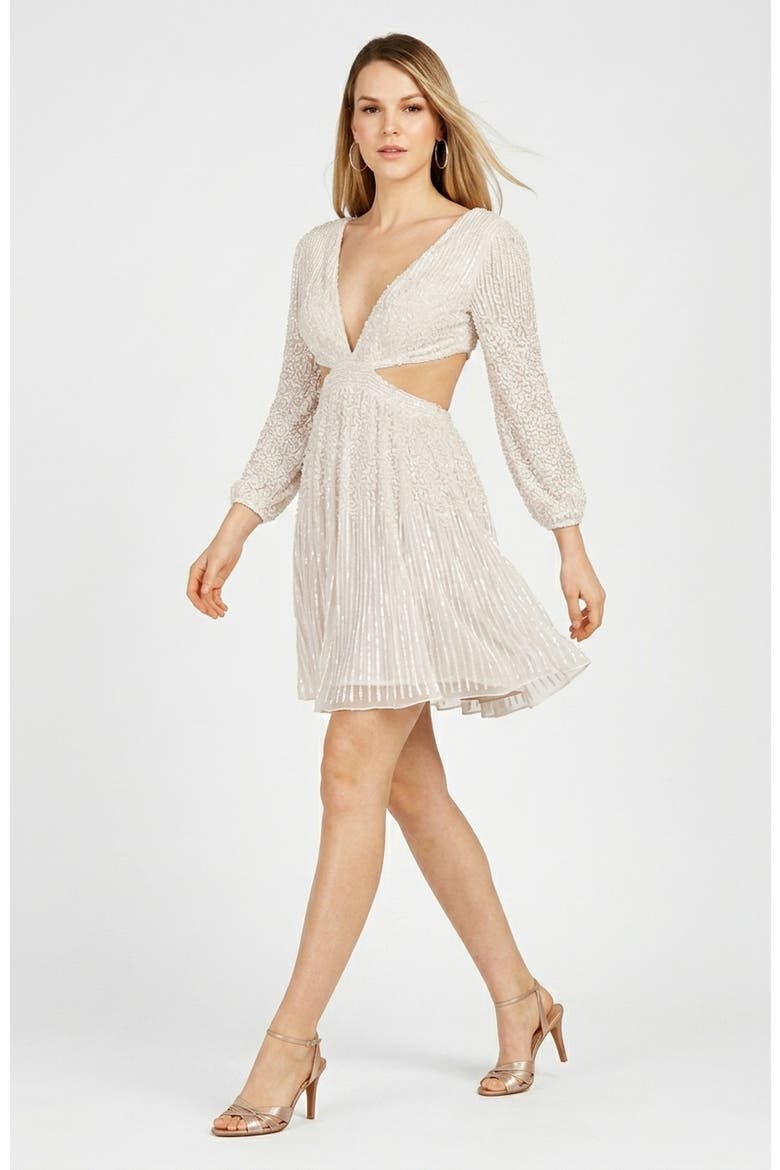 Long Sleeve Cut Out Dress with Lace Up Back, Alternate, color, Ivory