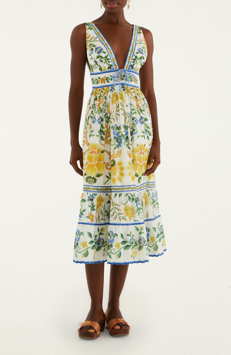 FARM Rio Emily Tapestry Floral Print Midi Dress, Main, color, Off-White