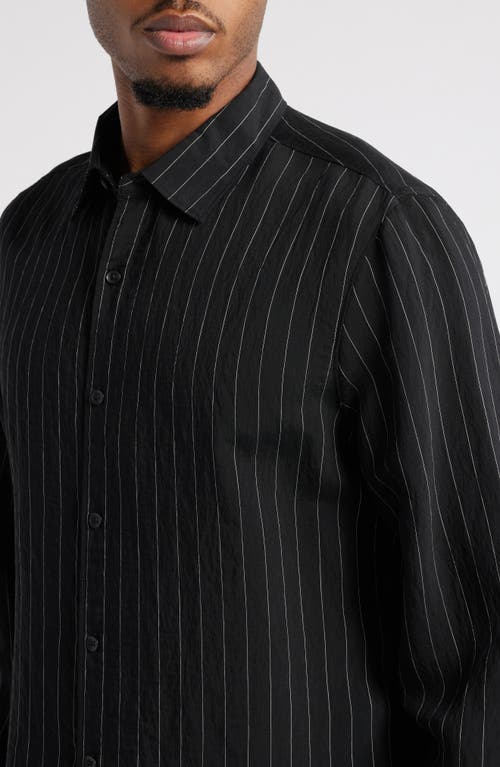 Open Edit Textured Pinstripe Button-up Shirt In Black- White Spaced Pinstripe