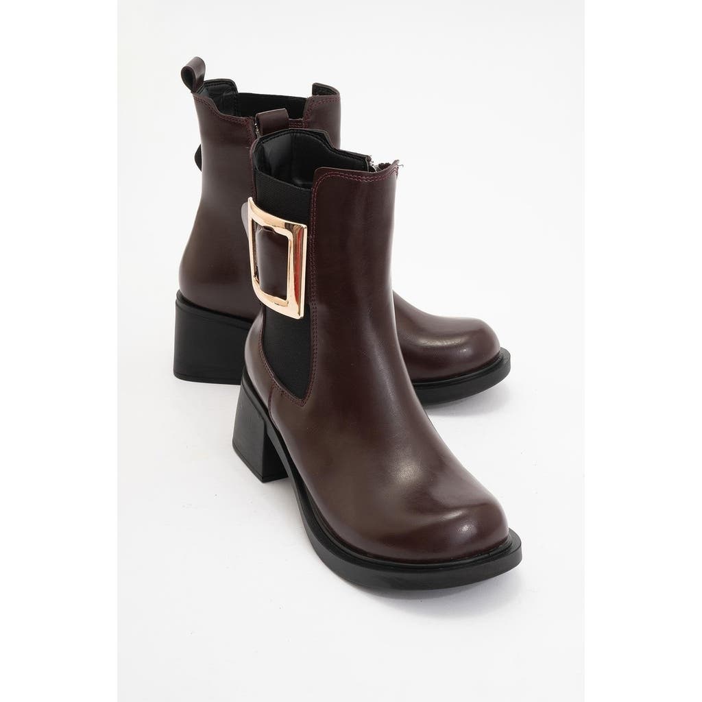Prologue Shoes Moriah Buckle Block Heel Boot In Burgundy