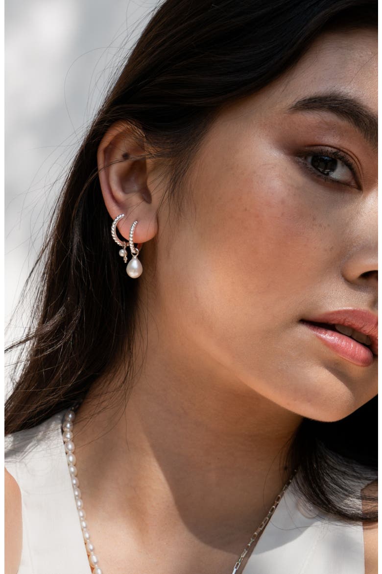 Timeless Oval Pearl Charm Hoops, Alternate, color, Sterling Silver