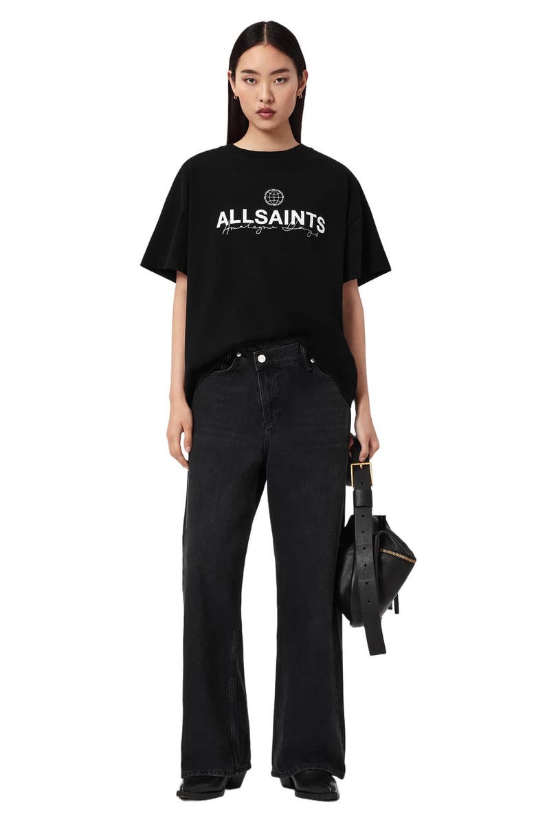 AllSaints Emblem Avri Logo Slit Back Graphic T-Shirt, Alternate, color, Jet Black