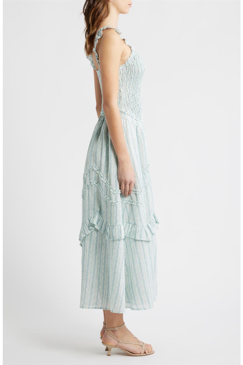 Floral Smocked Bodice Flutter Sleeve Midi Dress, Alternate, color, OFF WHITE/ BLUE