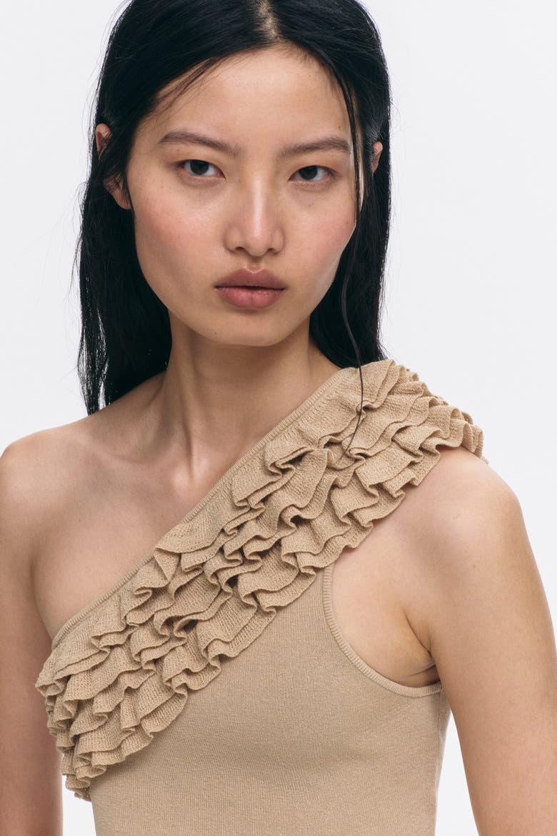 Ruffled One-shoulder Crop Top, Alternate, color, Beige