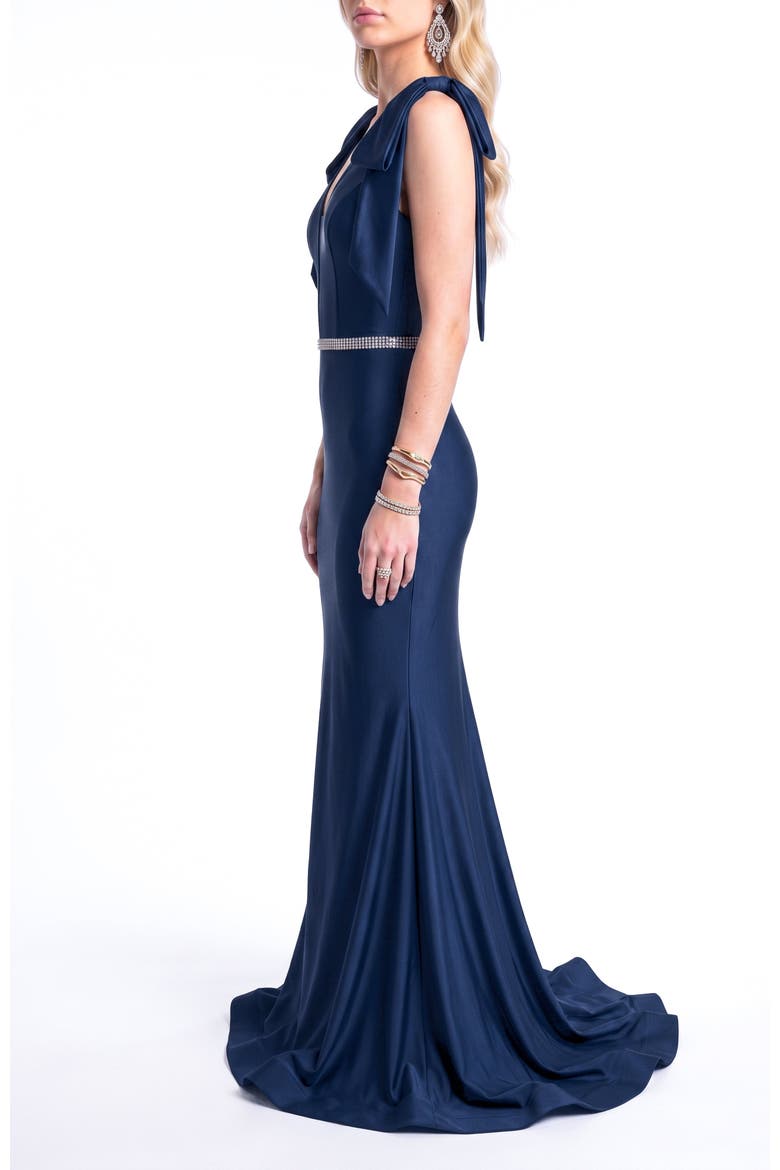 Bow Shoulder Plunge Mermaid Evening Gown, Alternate, color, Navy