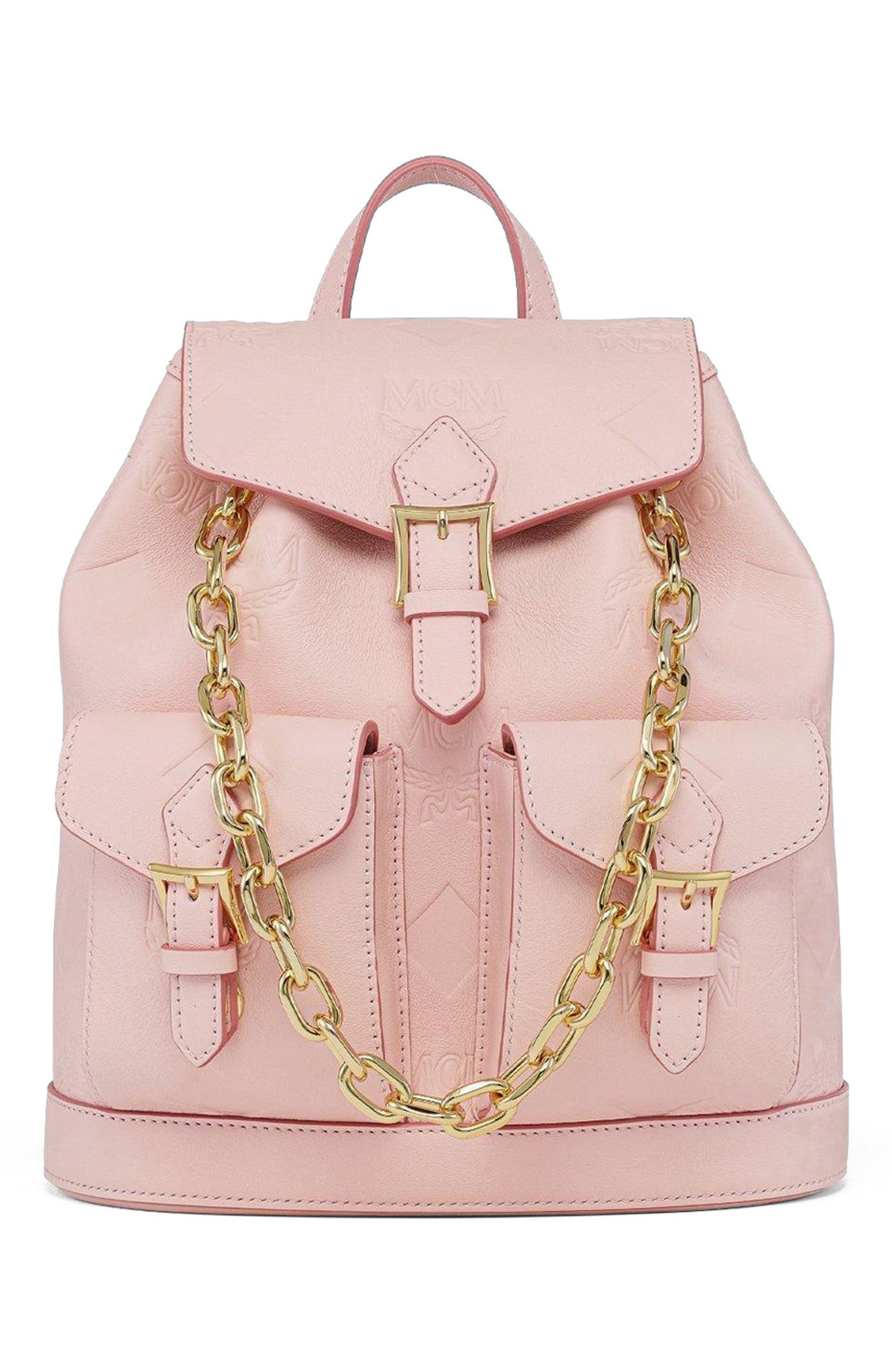 MCM Aren Drawstring Backpack in Maxi Monogram Leather, Alternate, color, Lotus Pink