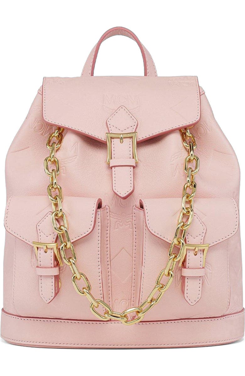 MCM Aren Drawstring Backpack in Maxi Monogram Leather, Alternate, color, Lotus Pink