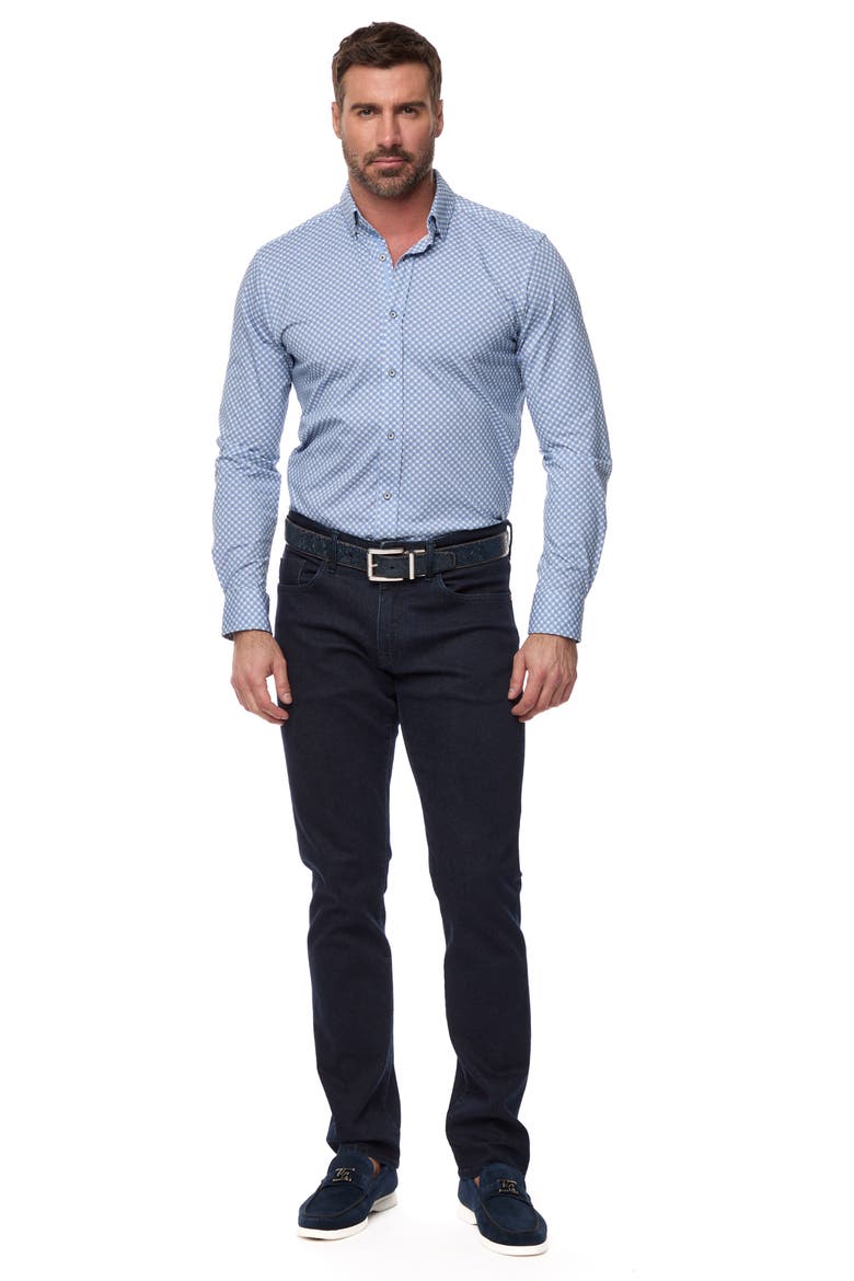 Conall Tailored Fit Foulard Print Cotton Knit Button-Up Shirt, Alternate, color, BLUE