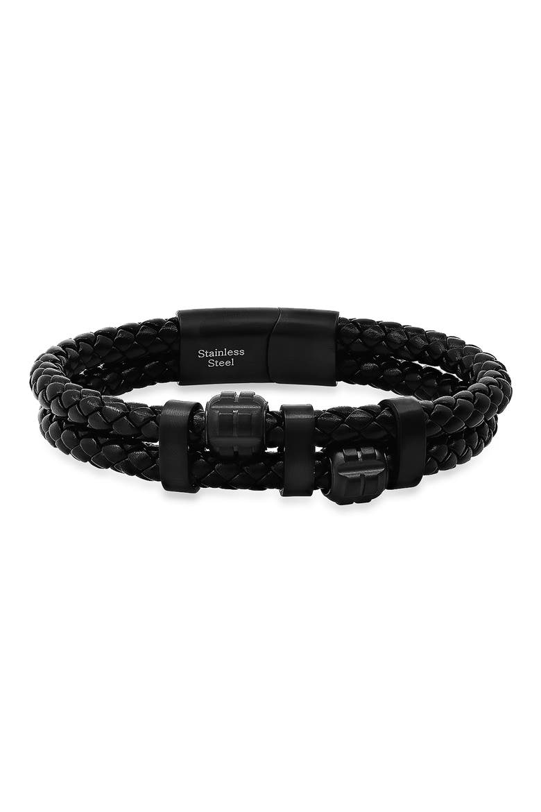 Men's Braided Leather Bracelet, Main, color, BLACK