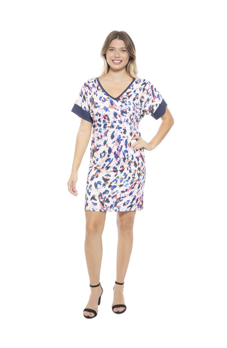 24seven Comfort Apparel Womens Abstract Short Sleeve Knee Length T-Shirt Dress, Main, color, White Multi