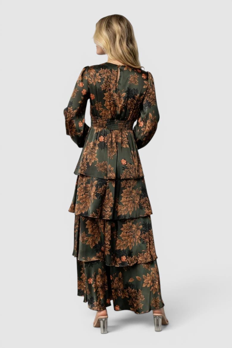 Montrouge Tiered Satin Dress, Alternate, color, Olive Floral