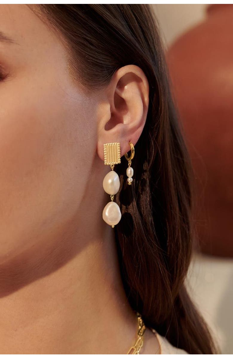 Murkani Double Pearl Huggies, Alternate, color, Yellow Gold