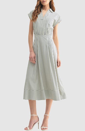 Stripe Collared Short Sleeve A-Line Midi Dress