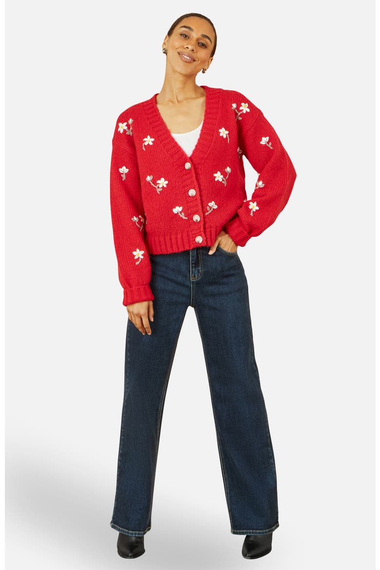 Hand Embroidered Chunky Knitted Cardigan, Alternate, color, Red