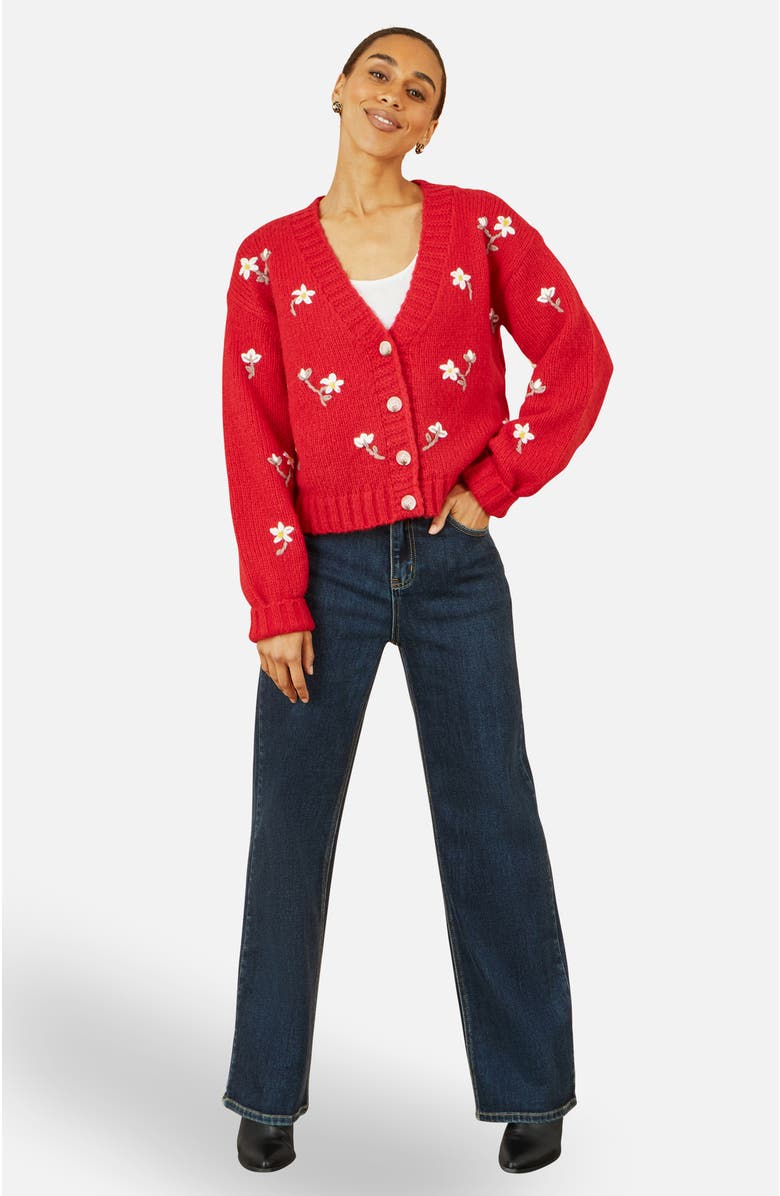 Yumi Hand Embroidered Chunky Knitted Cardigan, Alternate, color, Red