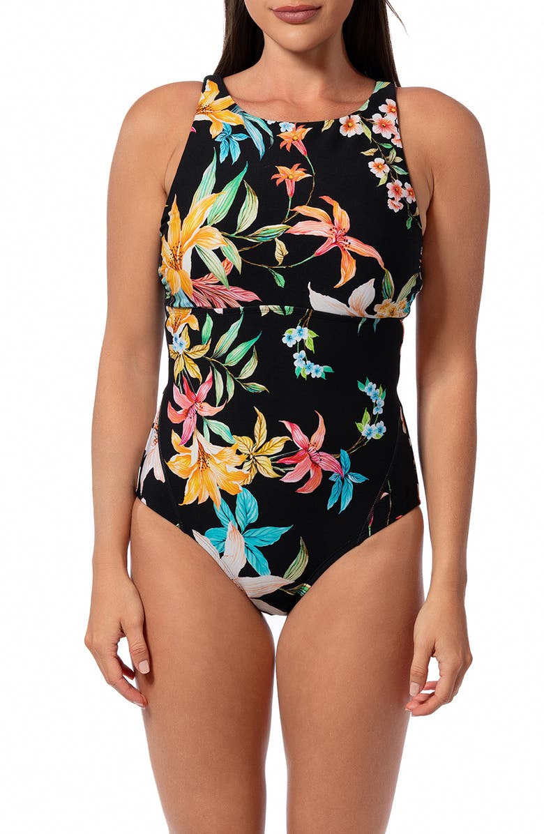 JANTZEN Garden Party High Line One-Piece Swimsuit, Main, color, Black
