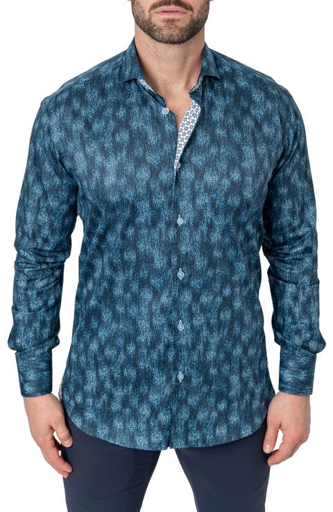 Einstein Leaves Micro Print Blue Contemporary Fit Button-Up Shirt