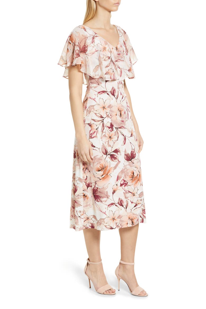 Floral Print Ruffle Neck Midi Dress, Alternate, color, CAMEO