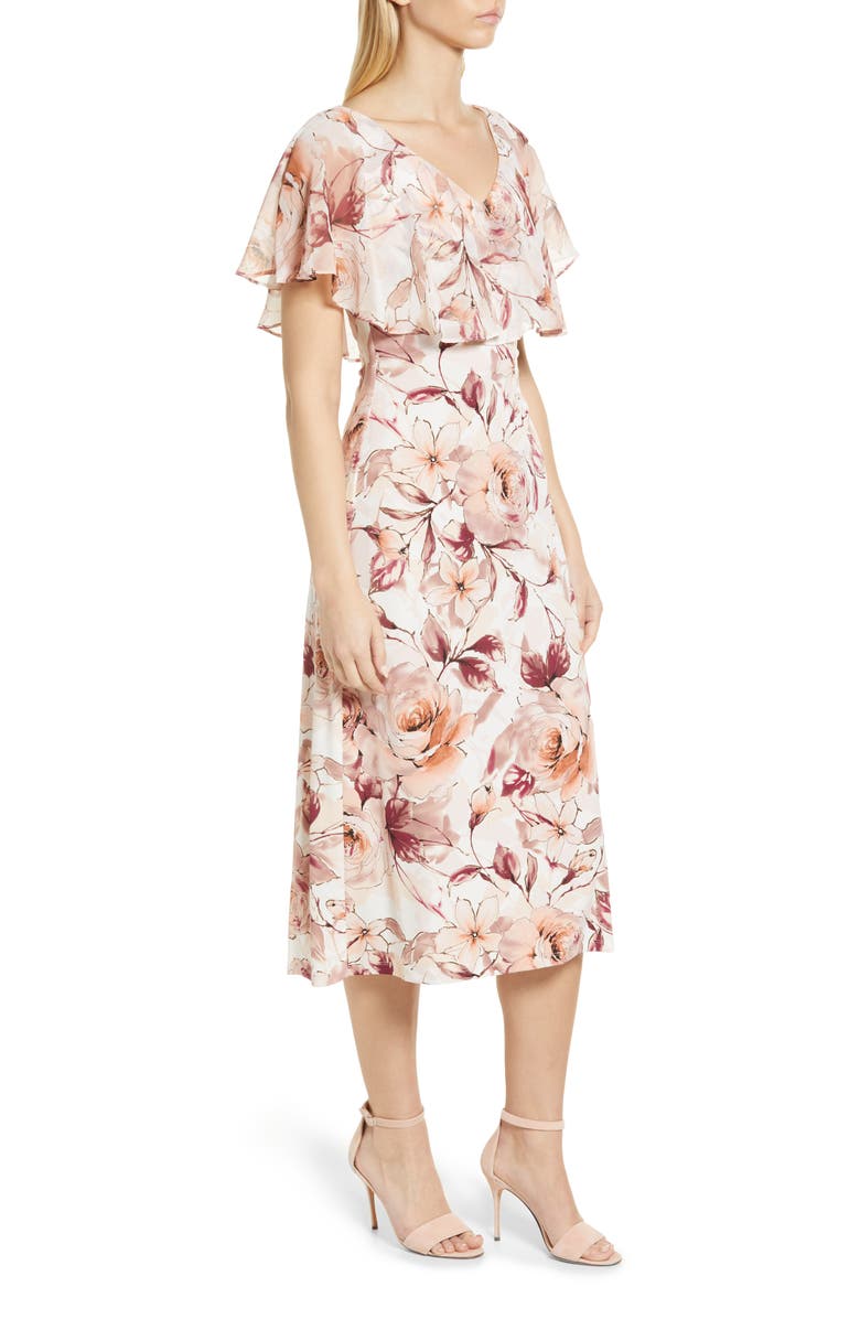 Connected Apparel Floral Print Ruffle Neck Midi Dress, Alternate, color, 