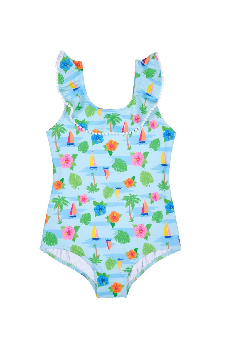 Tropical Print Ruffle Neck Swimsuit, Main, color, Multi