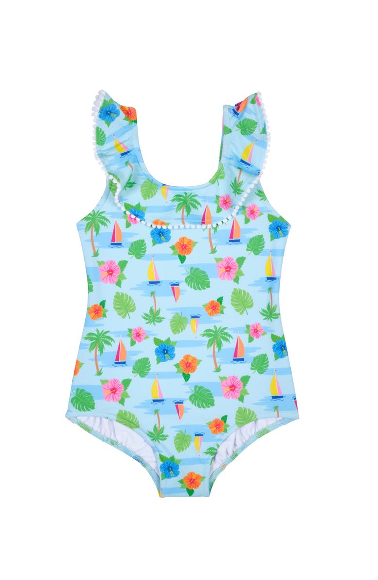 Florence Eiseman Tropical Print Ruffle Neck Swimsuit, Main, color, Multi