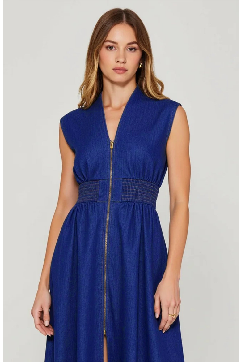 Zip Front Midi Dress with Cap Sleeves and Smocked Waist, Alternate, color, Denim