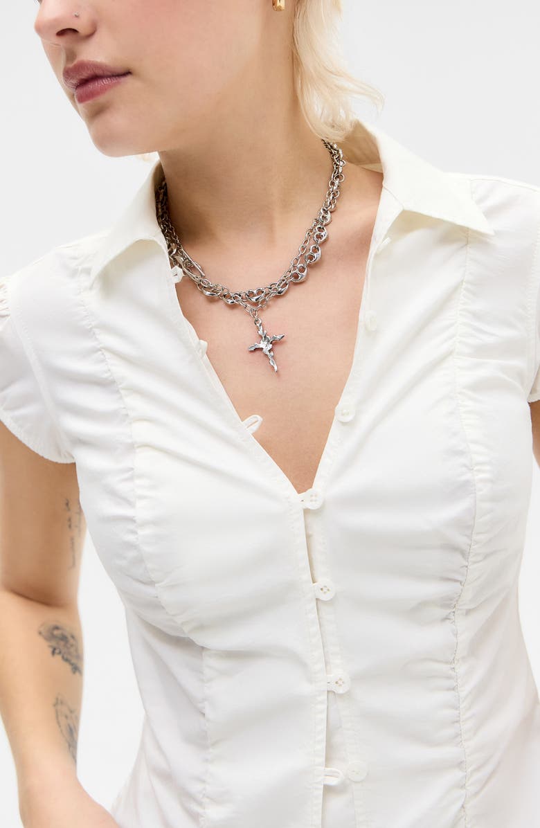 BDG Urban Outfitters Nadine Stripe Ruched Seam Button-Up Top, Alternate, color, White