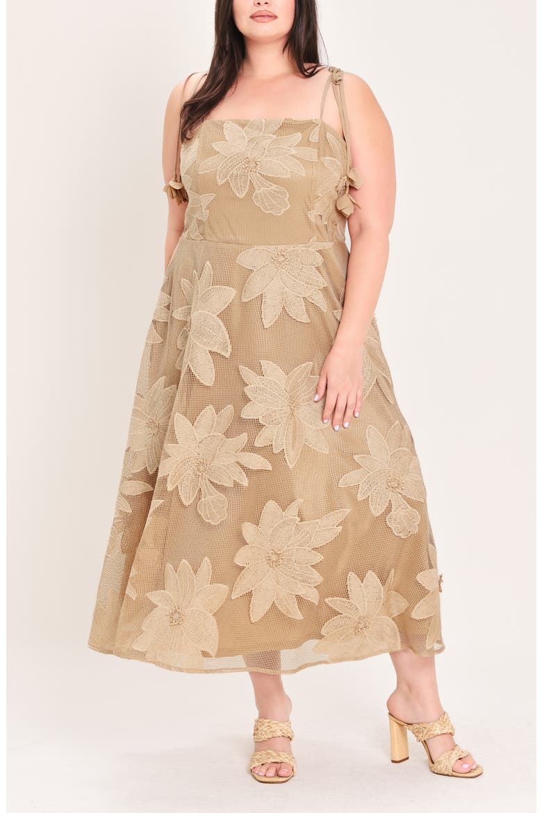 Mesh Appliqué Midi Dress, Alternate, color, TAN