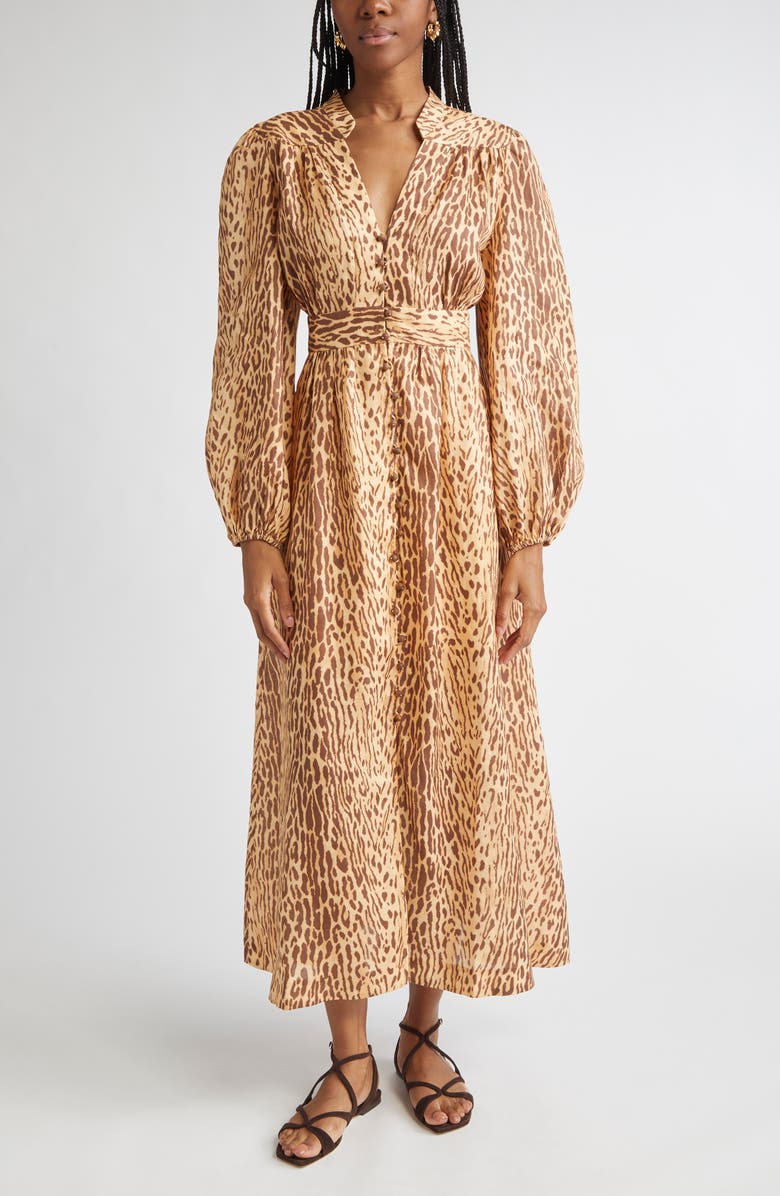 Zimmermann Cascadian Leopard Print Long Sleeve Linen Midi Dress, Main, color, Tan Leopard