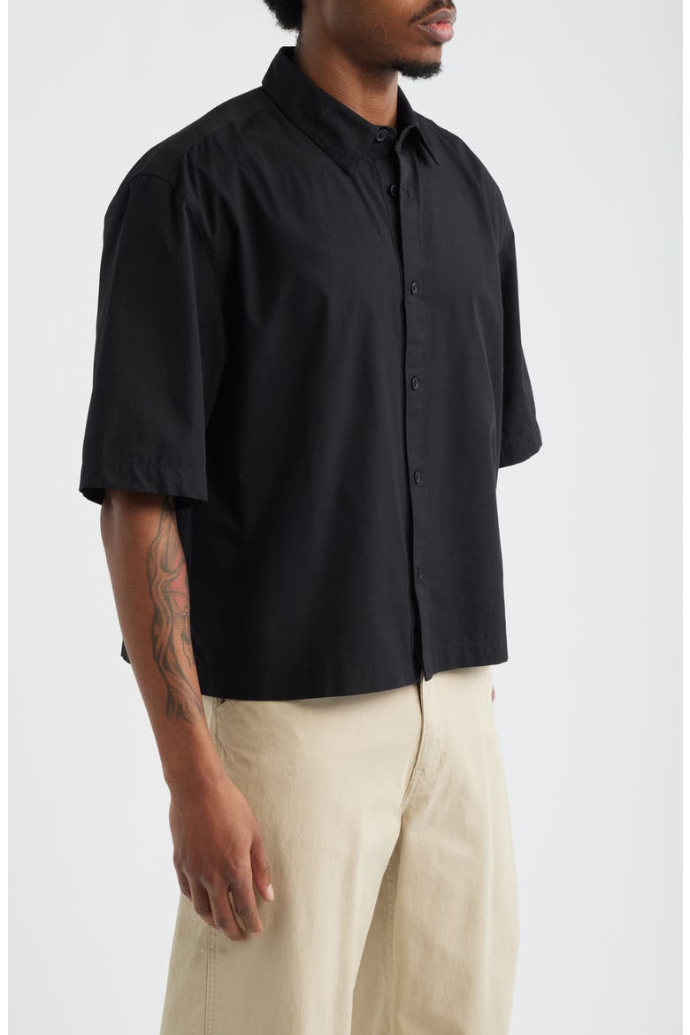 Crop Short Sleeve Cotton Poplin Button-Up Shirt, Alternate, color, BLACK
