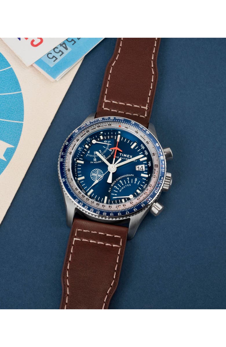 Timex<sup>®</sup> x Pan Am<sup>®</sup> Waterbury Fly Back Chronograph Leather Strap Watch, 43mm, Alternate, color,