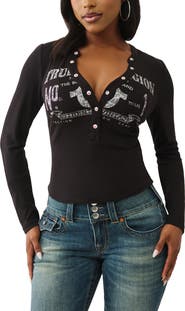 True Religion Logo Ribbed Long Sleeve Henley
