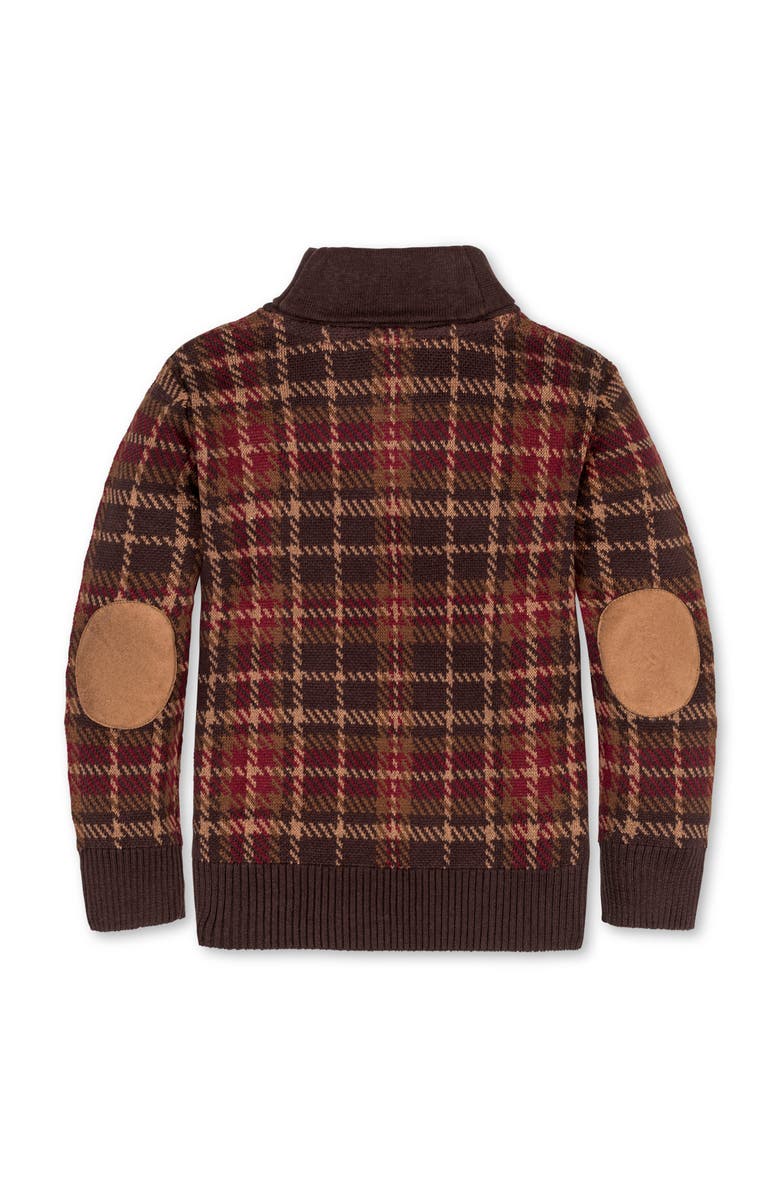 Hope & Henry Kids' Organic Long Sleeve Intarsia Shawl Collar Sweater with Elbow Patches, Alternate, color, Fireside Plaid Intarsia
