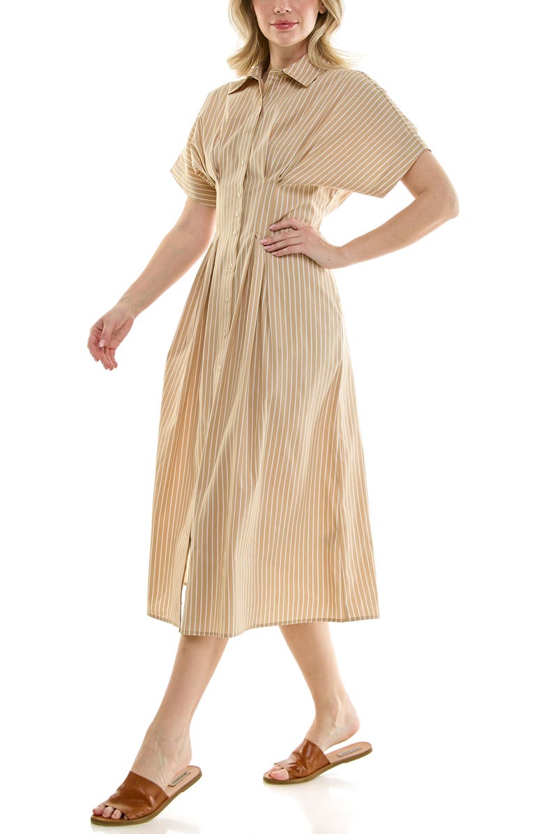 Nicole Miller Pintuck Waist Midi Shirtdress, Alternate, color, Mocha / White