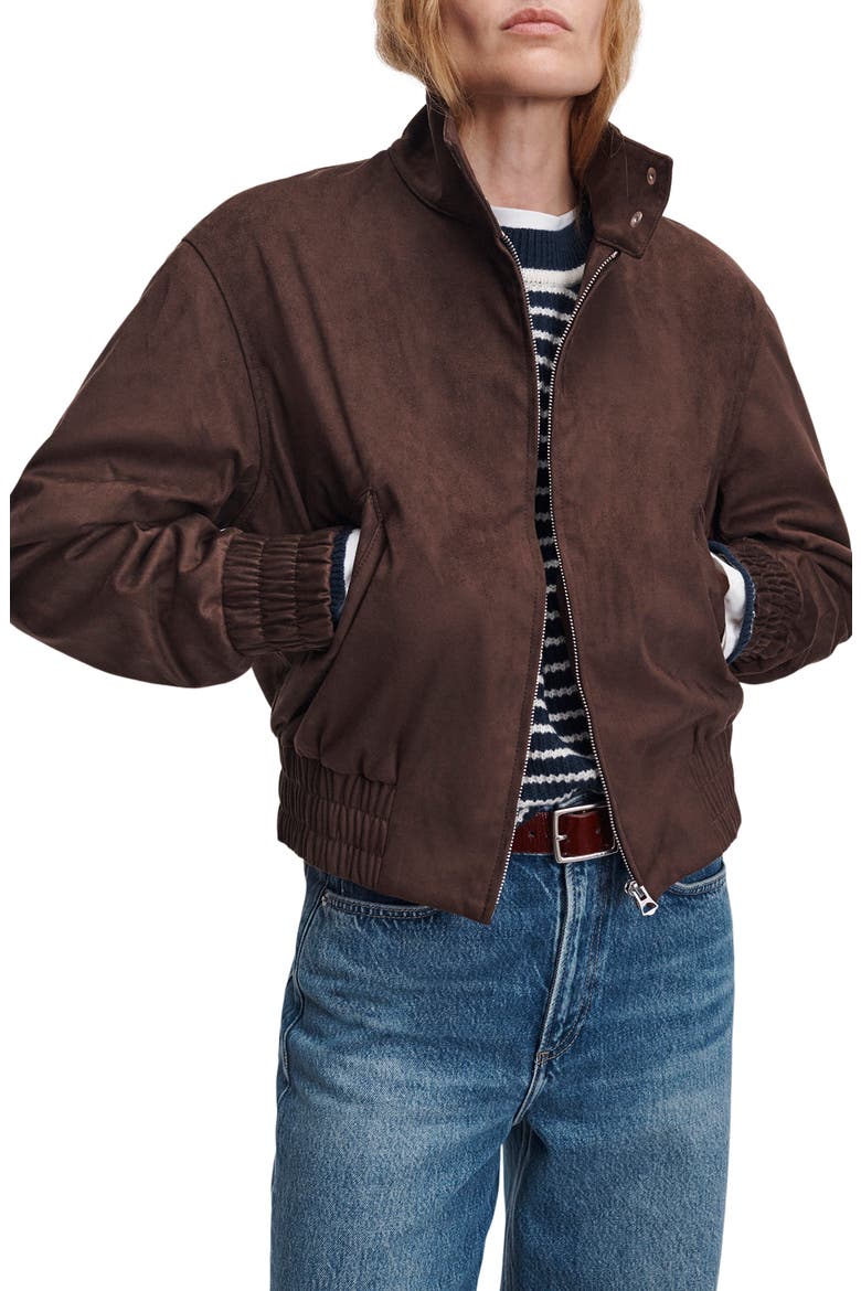 Eliza Faux Suede Bomber Jacket, Main, color, DARK BROWN